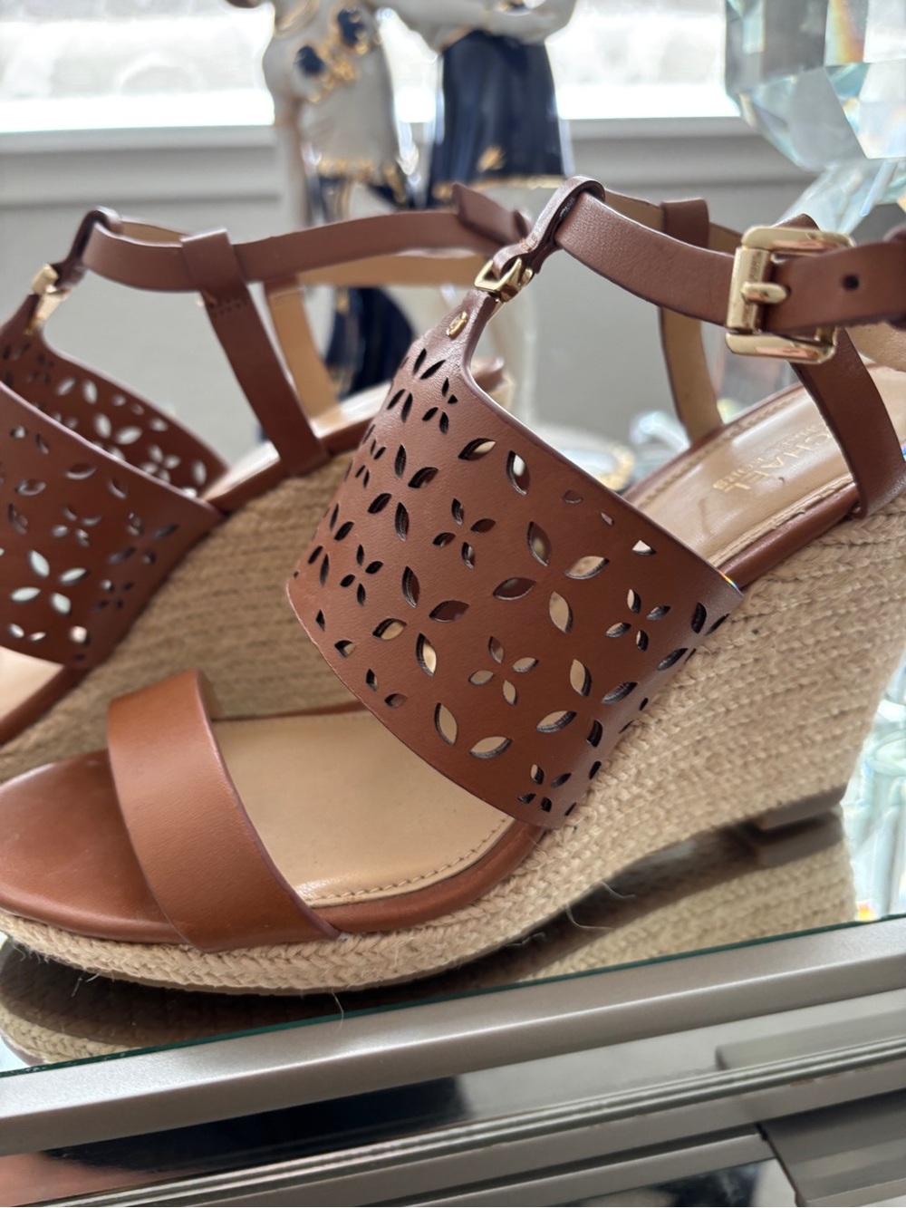 Michael Kors Tan Laser-Cut Leather Wedge Sandals - Picture 4 of 10